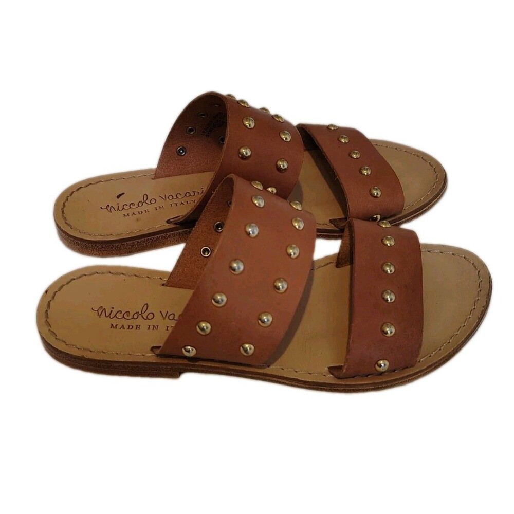 Niccolo Vacari Made In Italy Tan Leather Studded Slide Sandals Size 6
